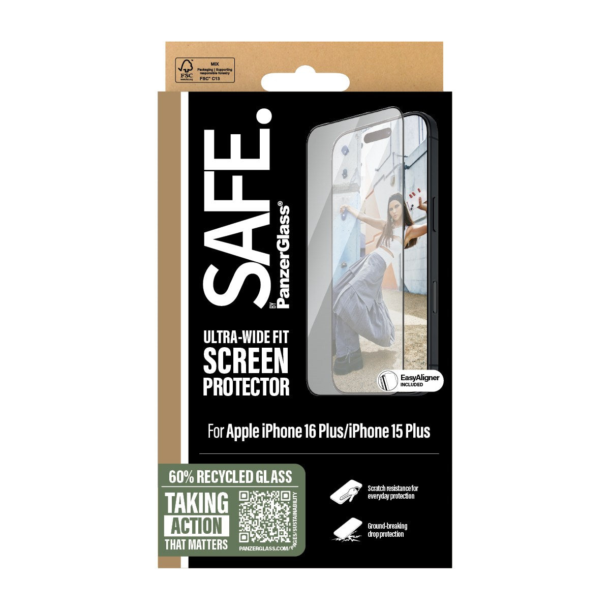 SAFE. by PanzerGlass® Screen Protection w. Black Frame iPhone 16 Plus | 15 Plus | Ultra-Wide Fit