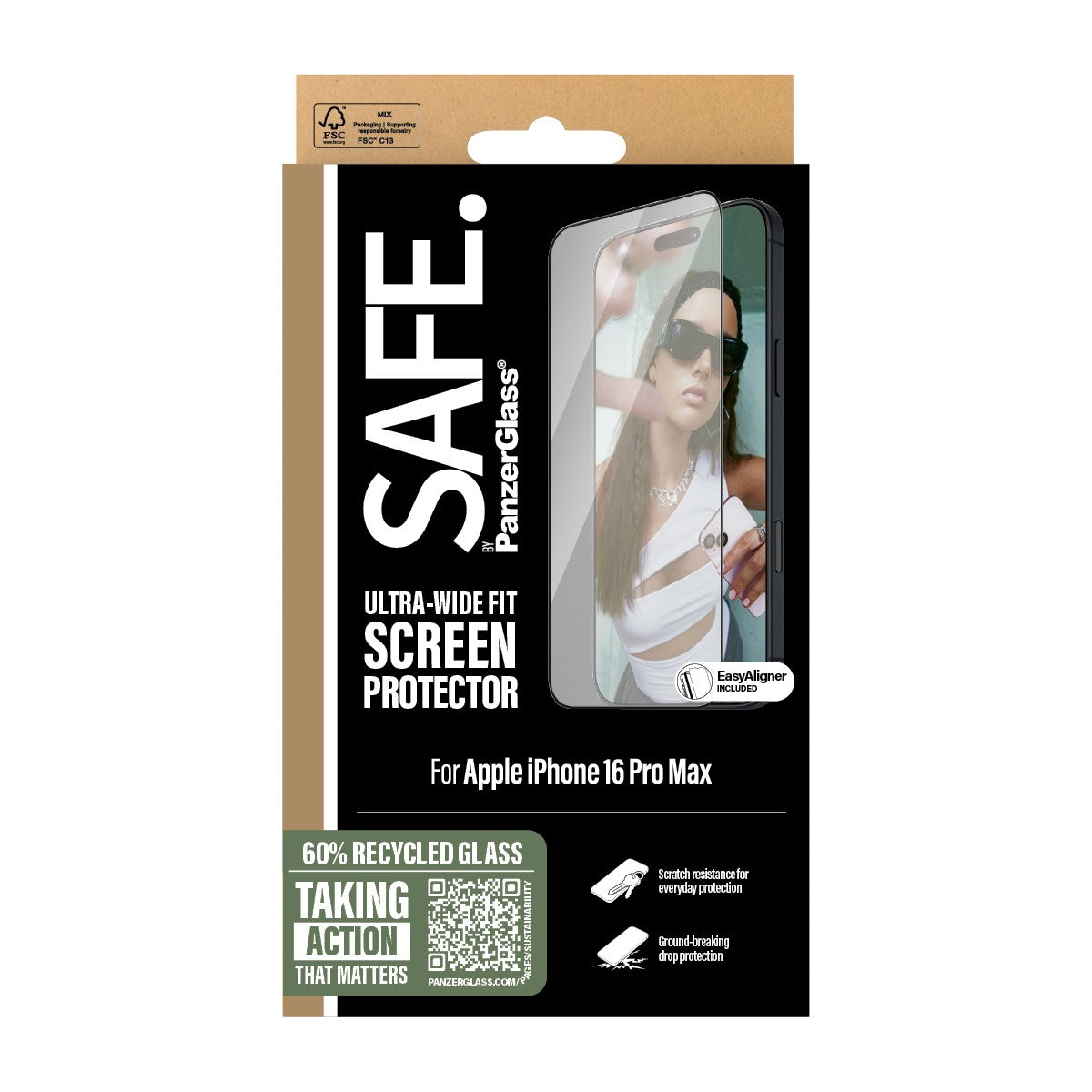 SAFE. by PanzerGlass® Screen Protection w. Black Frame iPhone 16 Pro Max | Ultra-Wide Fit